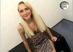 Marvelous golden-haired teen team-fucked and bukkake facialized at sex try-out.
