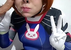 Trams girl with Dva Cosplay and BDSM Nosehook Giving a Blowjob, Eating Cum and Deepthroat to Big Dil