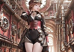 From the grand corridors to the quiet contemplation of the mechanical hall, this red-haired Steampunk Duchess locks her icy gaze onto u. Clothed in a 