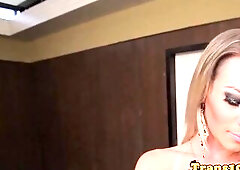 Tanlined latin babe transsexual jerking her dick bts