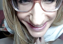 Blonde sissy mistress humiliates and commands her goon in lace lingerie for joi