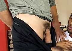 Muscular amateur Latin guy gets spitroasted for cash in threesome