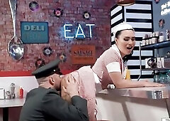 Oriental transsexual waitress Ember Fiera anal banged in her diner