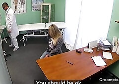 Hot blond patient examined by doctor in fake hospital then laid down on examining table and twat fucked until gets snatch creampie