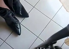 German Teen Crossdresser in Leather Clothes wear new Bo