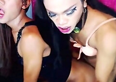 Two horny shemales having wild anal sex and sucking cock eagerly