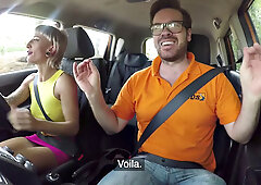 Blonde German student rides her driving instructor's hard cock in public