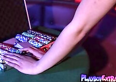 Bombastic brunette latina babe named Emily Kaye with massive natural boobs starts stripping by the poker table The Canadian diva takes off her sexy re