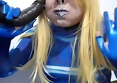 Cute Trans Samus with BDSM Nosehook giving a Sloppy Blowjob to BBC Dildo, Deepthroat, Facial Fuck