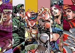 Compilation of JoJo's Bizarre Adventure anime art and digital interfaces