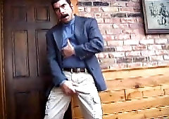 Man Yanking Pierced Cock Outdoor