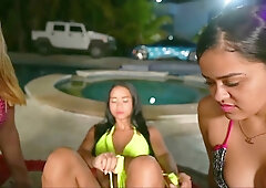 Three Latina women explore foot fetish play by the pool at night