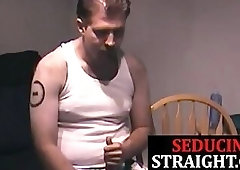 Blindfolded straight chub blown by older guy