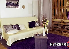 Voluptuous blonde woman in black lingerie and stockings, Tatjana sucks cock and gets it from behind