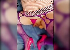 Wearing some hawt purple stocking and my beloved pink stilettos and pants! One of my fav position to take rod! I love watching my little soft dong flo