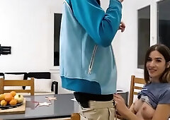 Sexy slim brunette sucks a cock and enjoys a deep drilling