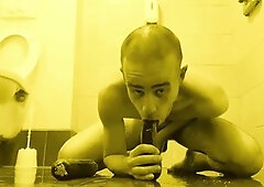 Horny guy pleasures himself with dildo in public shower at motel