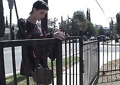 Cute brunette tranny toys her pale butt in high heels