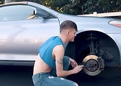 Next Door Twink: Avery's Tire Trouble: Michael to the Rescue