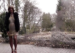 Frozen Jizz Shot - in a sheer pleated gown and nylon pantyhose