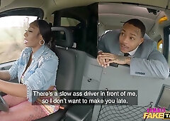 Busty ebony cab driver pleasures her passenger in the back seat