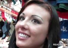 Teen amateur brunette flashing sexy pussy for money in public